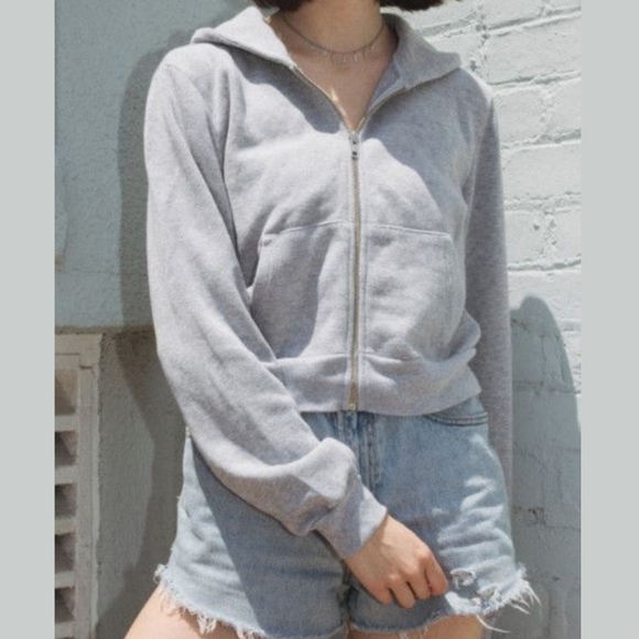 Brandy Melville Tops - Brandy Melville Crystal Gray Ribbed Cropped Zip Up Hoodie Sweatshirt